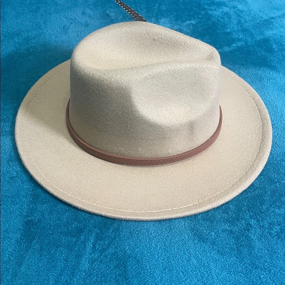 Tan Beige Women's Felt Fedora Western Cowboy Hat Brown Belt Tall  Feather Accent